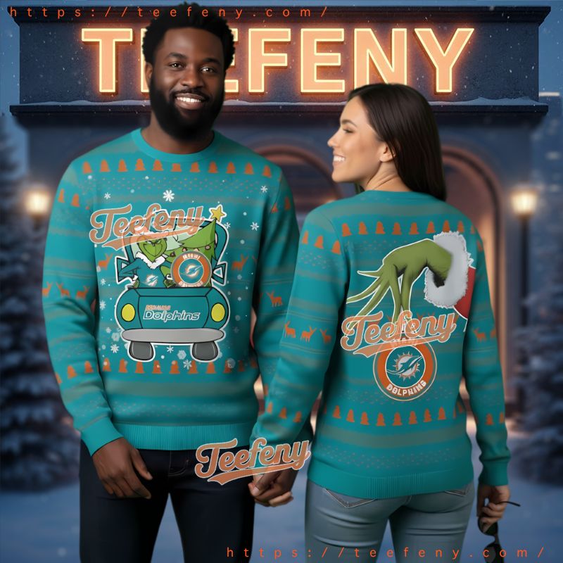 Miami Dolphins Grinch Driving Christmas Tree Ugly Sweater Miami Dolphins Grinch Driving Christmas Tree Ugly Sweater
