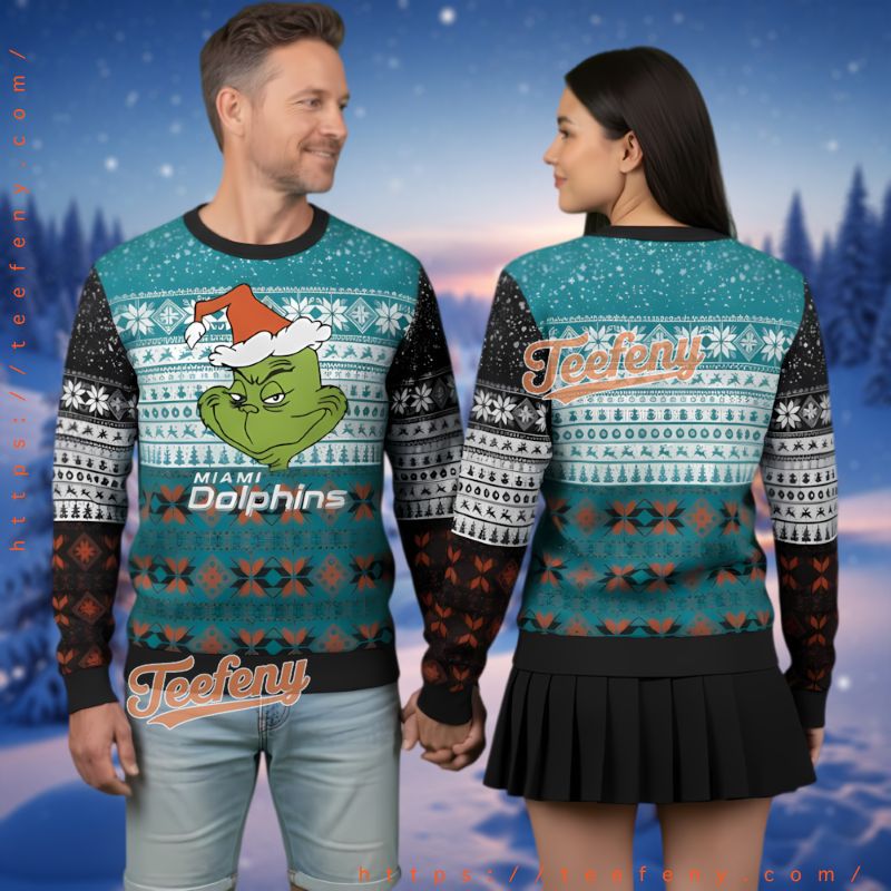 Miami Dolphins Grinch Face Santa Hat Ugly Christmas Sweater