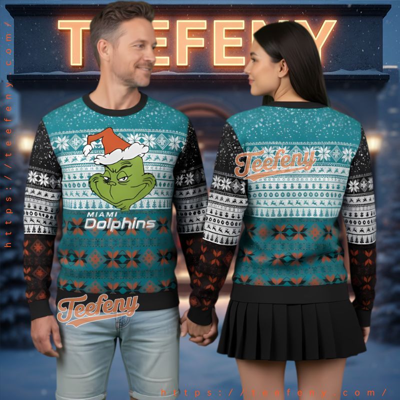 Miami Dolphins Grinch Face Santa Hat Ugly Christmas Sweater Miami Dolphins Grinch Face Santa Hat Ugly Christmas Sweater