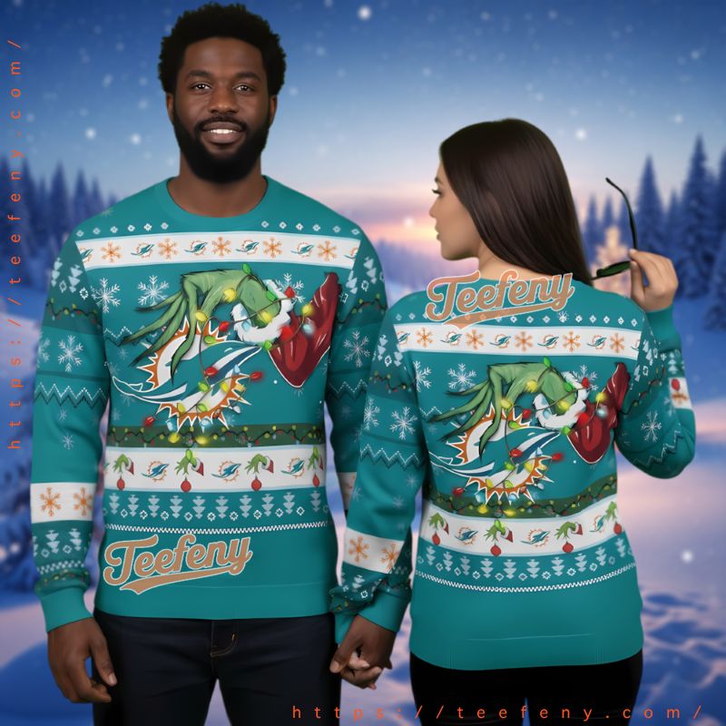 Miami Dolphins Grinch Hand Christmas Light Ugly Sweater