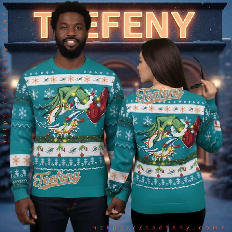 Miami Dolphins Grinch Hand Christmas Light Ugly Sweater Miami Dolphins Grinch Hand Christmas Light Ugly Sweater