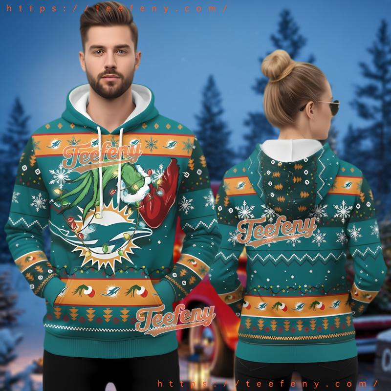 Miami Dolphins Grinch Hand Ugly Christmas 3D Hoodie For Men Women Miami Dolphins Grinch Hand Ugly Christmas 3D Hoodie For Men Women