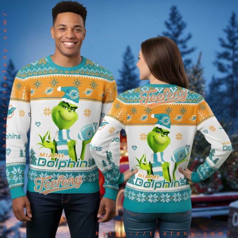 Miami Dolphins Grinch Holding Football Ugly Christmas Sweater