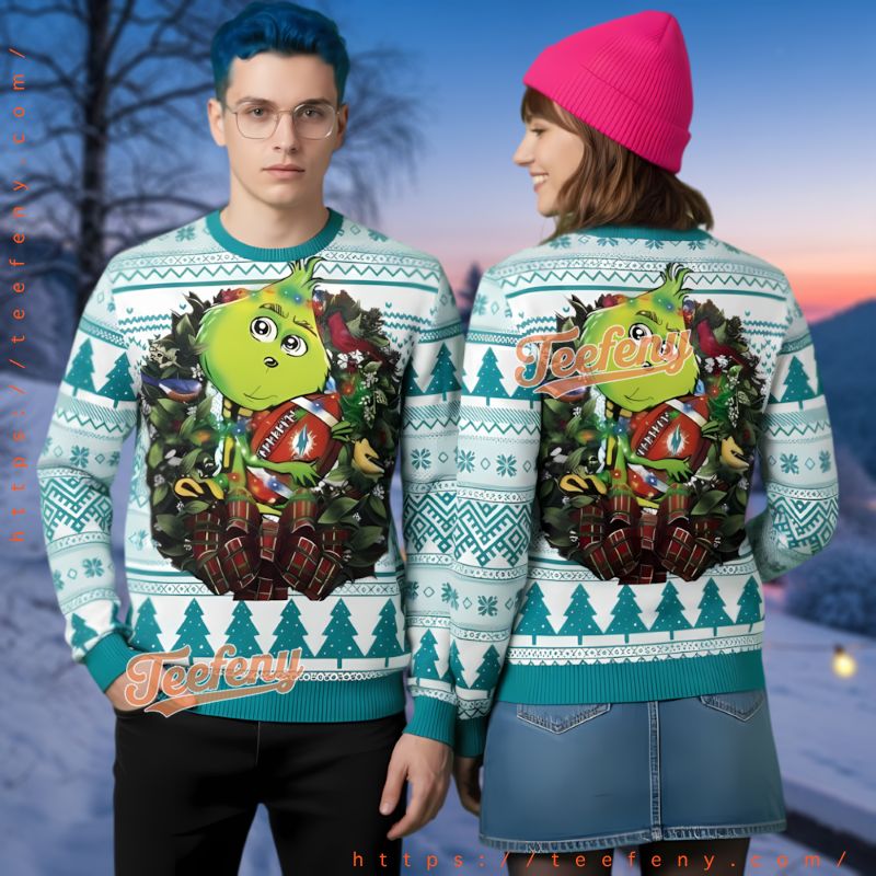 Miami Dolphins Grinch Hug Football Ugly Christmas Sweater