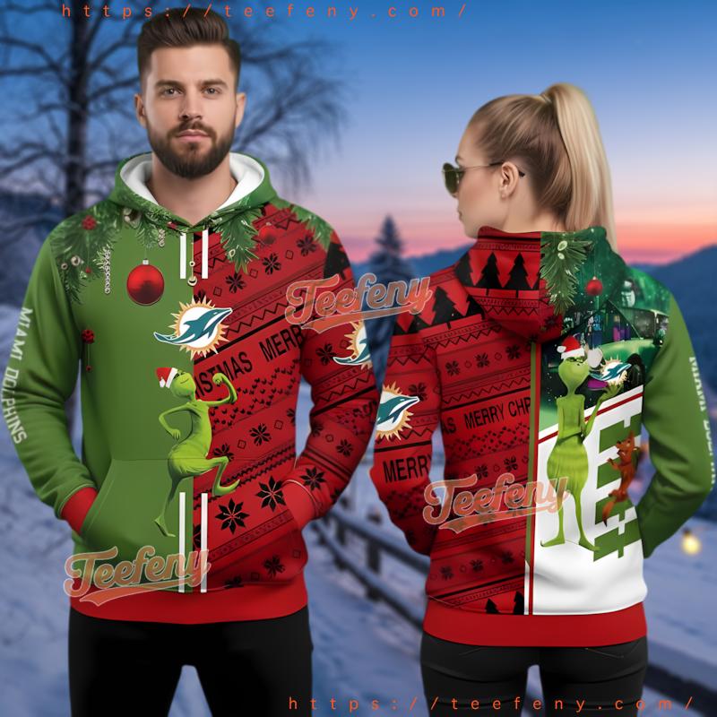 Miami Dolphins Grinch Red Green Ugly Christmas 3D Hoodie