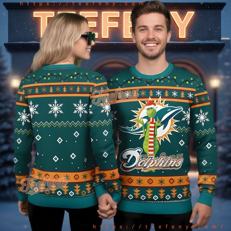 Miami Dolphins Grinch Santa Scarf Ugly Christmas Sweater Miami Dolphins Grinch Santa Scarf Ugly Christmas Sweater