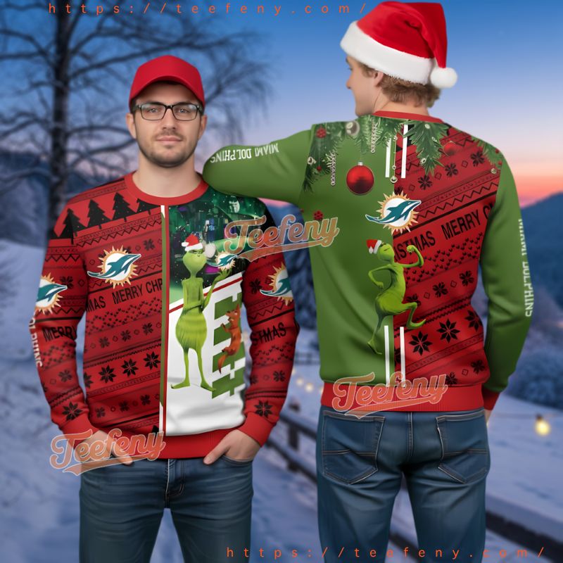 Miami Dolphins Grinch Split Red Green Ugly Christmas Sweater
