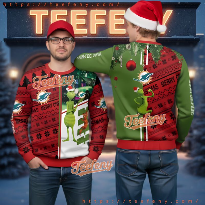Miami Dolphins Grinch Split Red Green Ugly Christmas Sweater Miami Dolphins Grinch Split Red Green Ugly Christmas Sweater