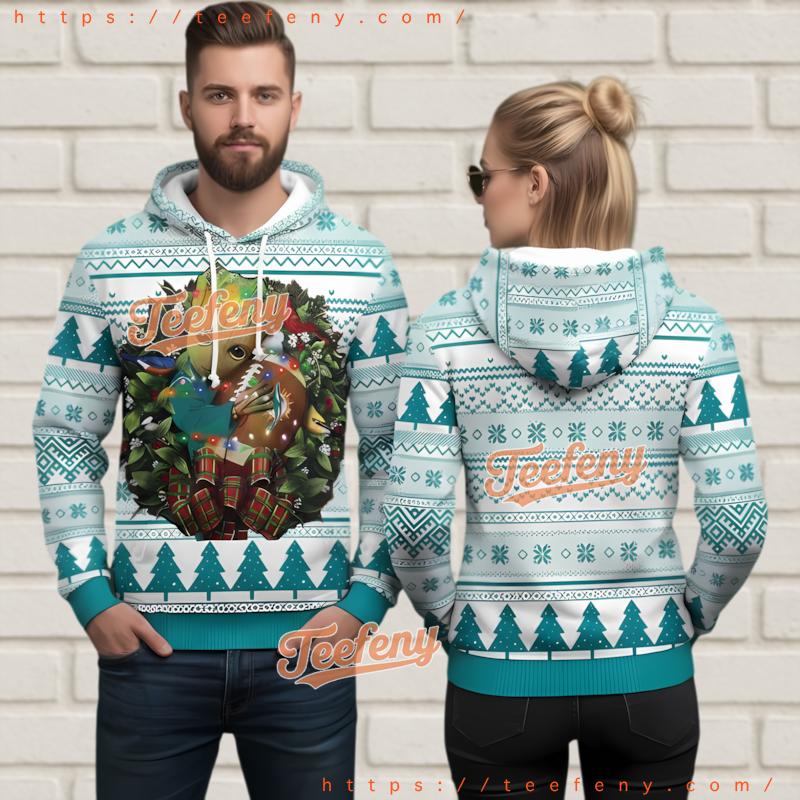 Miami Dolphins Groot Hug Logo Ugly Christmas Hoodie 3D