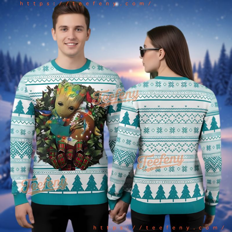 Miami Dolphins Groot Hug Ugly Christmas Sweater Guardians