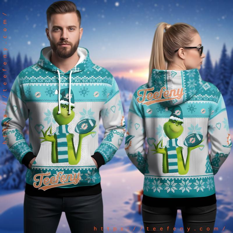 Miami Dolphins Holiday Grinch Theme Ugly Christmas 3D Hoodie Fan Miami Dolphins Holiday Grinch Theme Ugly Christmas 3D Hoodie Fan