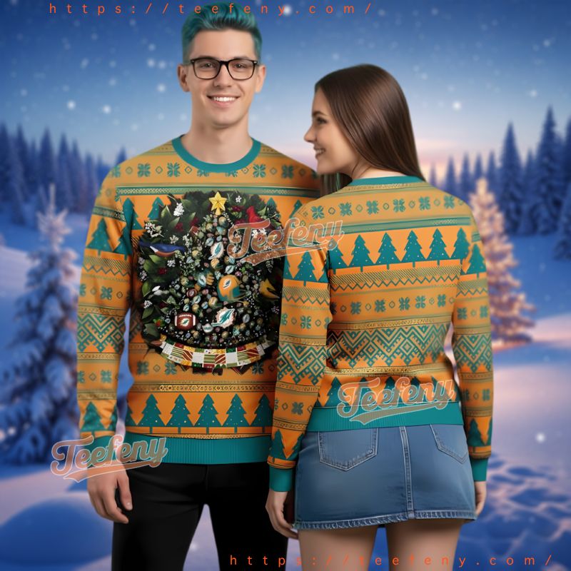 Miami Dolphins Logo Decorated Tree Ugly Christmas Sweater