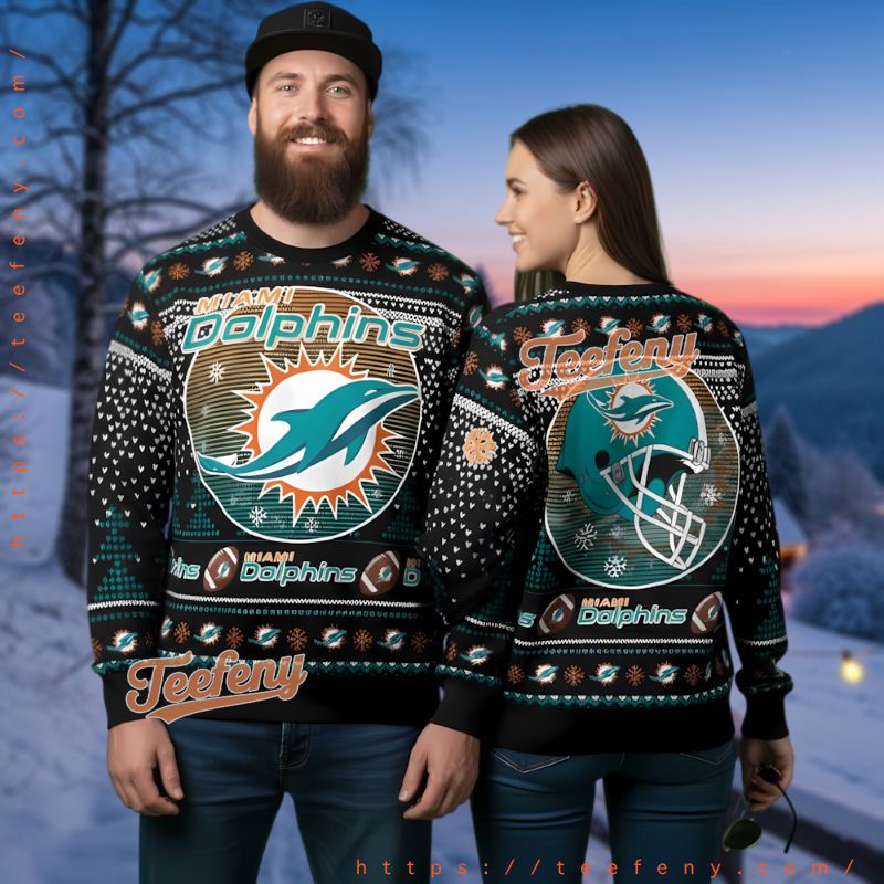 Miami Dolphins Logo Helmet Black Ugly Christmas Sweater