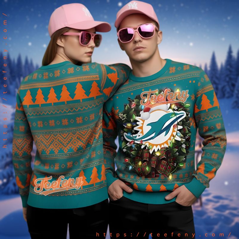 Miami Dolphins Logo Light Ugly Christmas Sweater