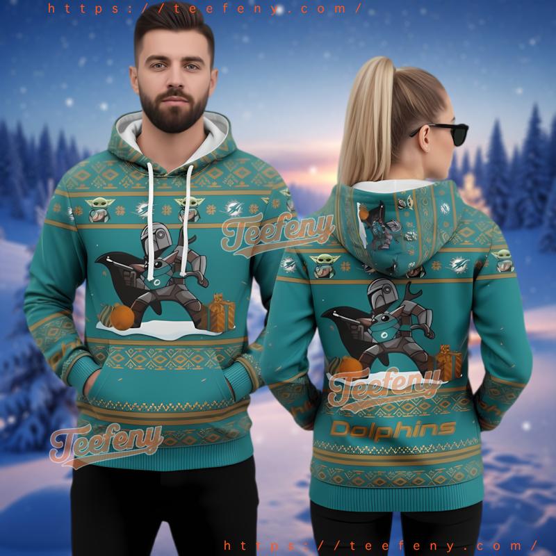 Miami Dolphins Mandalorian Grogu Ugly Christmas 3D Hoodie Miami Dolphins Mandalorian Grogu Ugly Christmas 3D Hoodie
