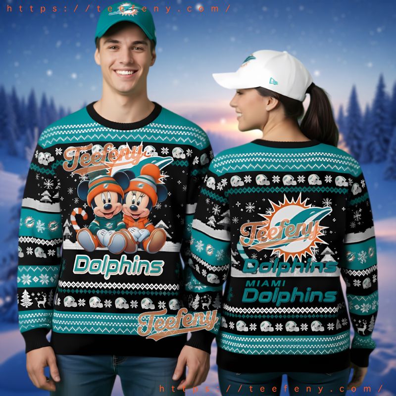 Miami Dolphins Mickey Minnie Holiday Ugly Christmas Sweater
