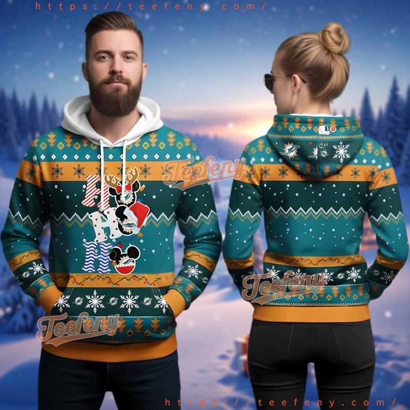 Miami Dolphins Mickey Mouse Hohoho Ugly Christmas 3D Hoodie Miami Dolphins Mickey Mouse Hohoho Ugly Christmas 3D Hoodie