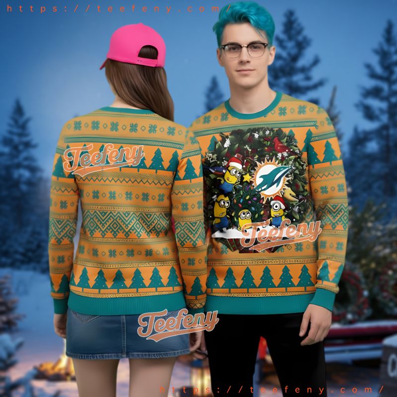 Miami Dolphins Minions Christmas Wreath Ugly Christmas Sweater