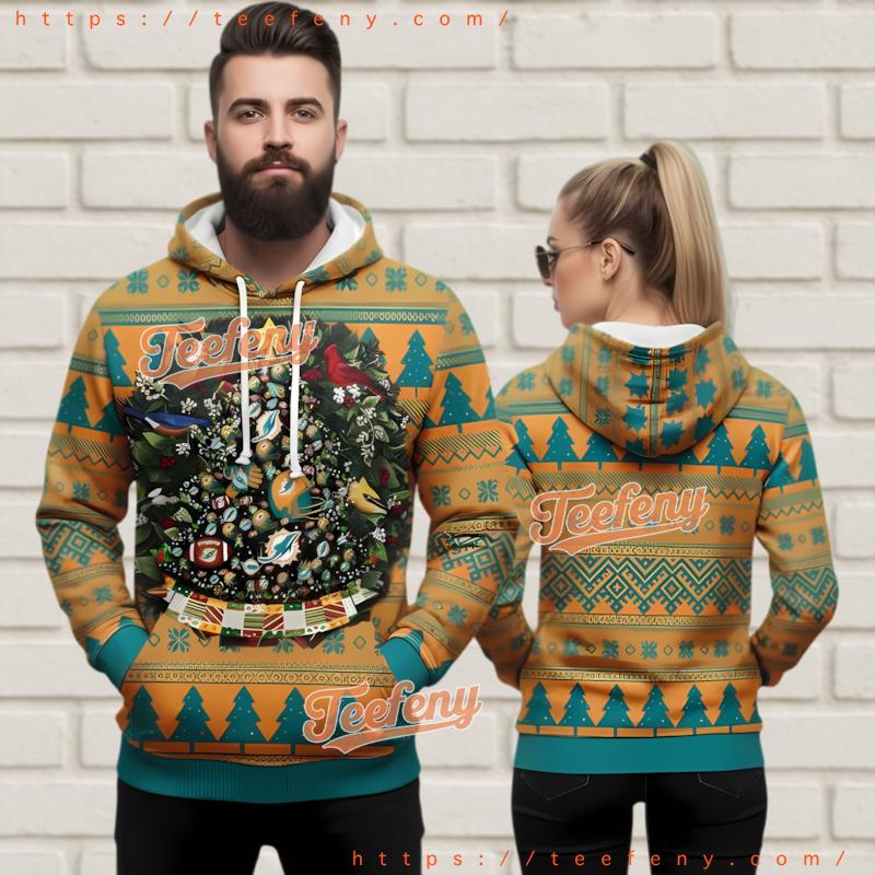 Miami Dolphins Ornament Theme 3D Ugly Christmas Hoodie Miami Dolphins Ornament Theme 3D Ugly Christmas Hoodie