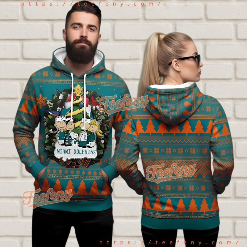 Miami Dolphins Peanuts Gang 3D Ugly Christmas Hoodie Men Women Miami Dolphins Peanuts Gang 3D Ugly Christmas Hoodie Men Women
