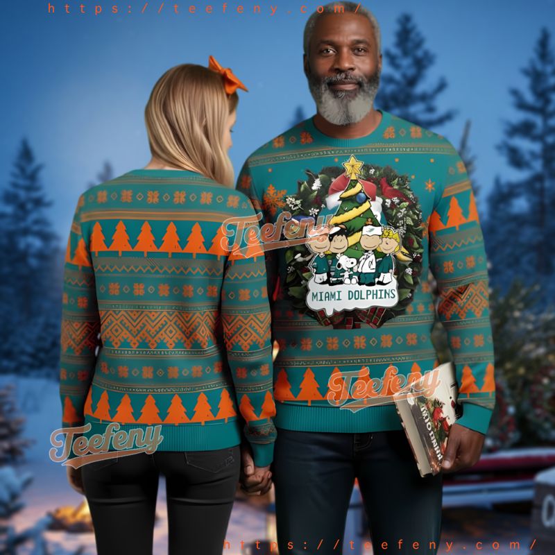 Miami Dolphins Peanuts Gang Ugly Christmas Sweater Teal