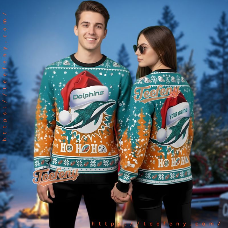 Miami Dolphins Personalized Santa Hat Ugly Christmas Sweater