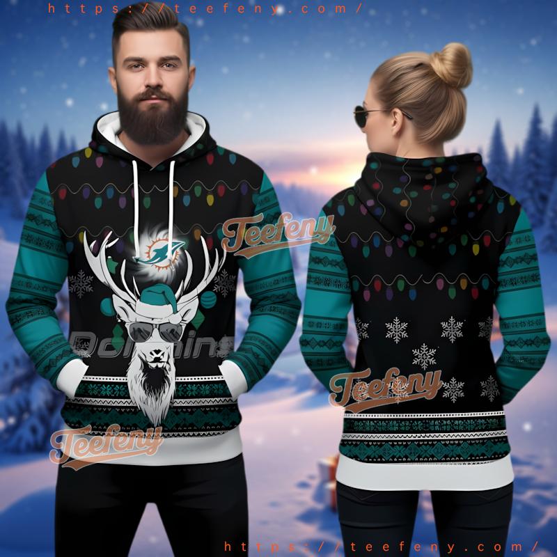 Miami Dolphins Reindeer Sunglasses 3D Ugly Christmas Hoodie Miami Dolphins Reindeer Sunglasses 3D Ugly Christmas Hoodie