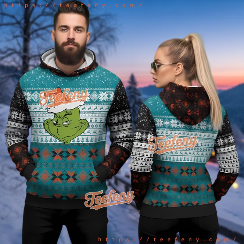 Miami Dolphins Santa Hat Grinch 3D Ugly Christmas Hoodie Miami Dolphins Santa Hat Grinch 3D Ugly Christmas Hoodie