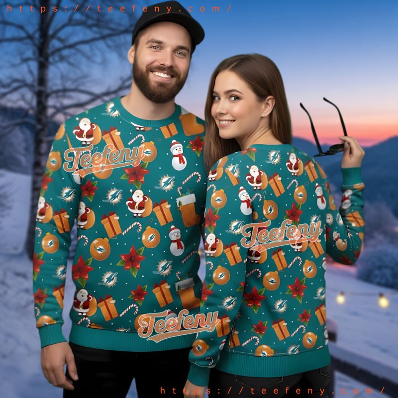 Miami Dolphins Santa Snowman Pattern Ugly Christmas Sweater