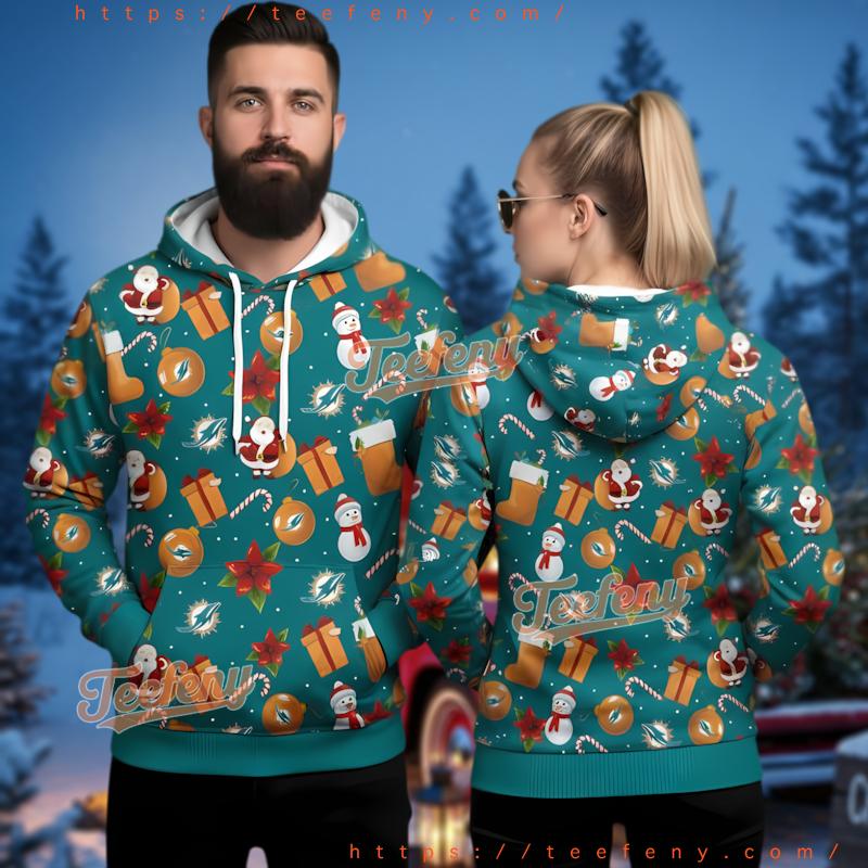 Miami Dolphins Santa Snowman Ugly Christmas Hoodie 3D Men Miami Dolphins Santa Snowman Ugly Christmas Hoodie 3D Men