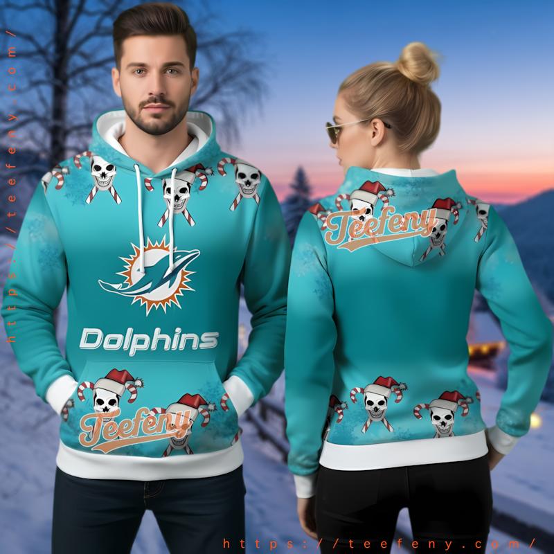 Miami Dolphins Skull Candy Cane Ugly Christmas 3D Hoodie Miami Dolphins Skull Candy Cane Ugly Christmas 3D Hoodie