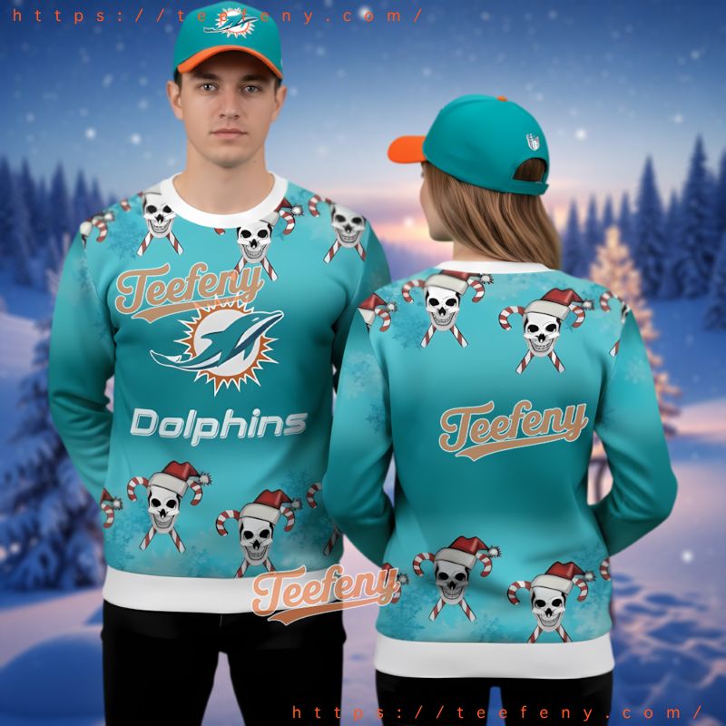 Miami Dolphins Skull Candy Cane Ugly Christmas Sweater