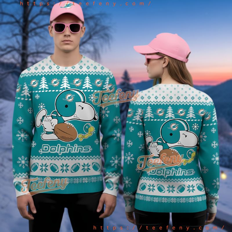 Miami Dolphins Snoopy Helmet Holiday Ugly Christmas Sweater
