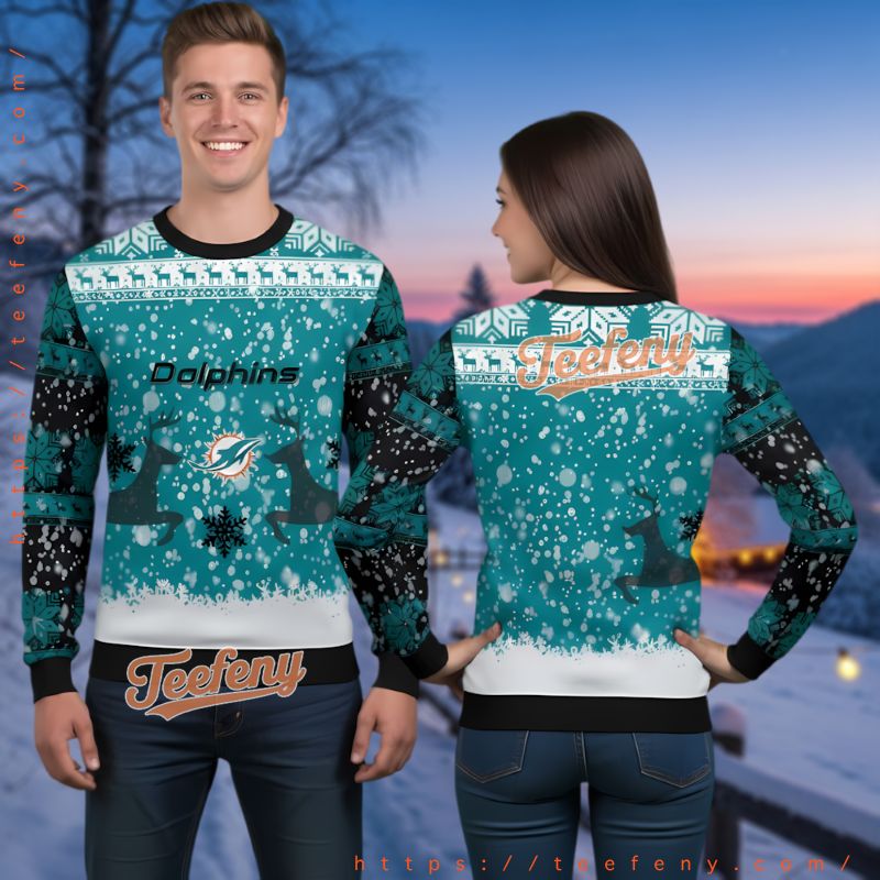 Miami Dolphins Snowfall Reindeer Ugly Christmas Sweater