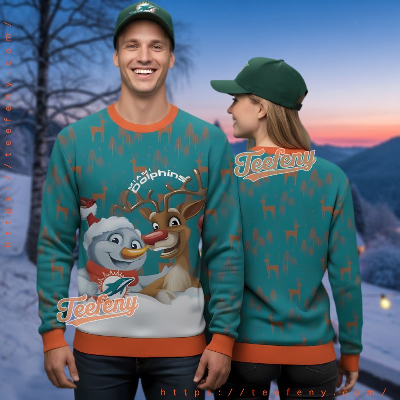 Miami Dolphins Snowman Reindeer Ugly Christmas Sweater