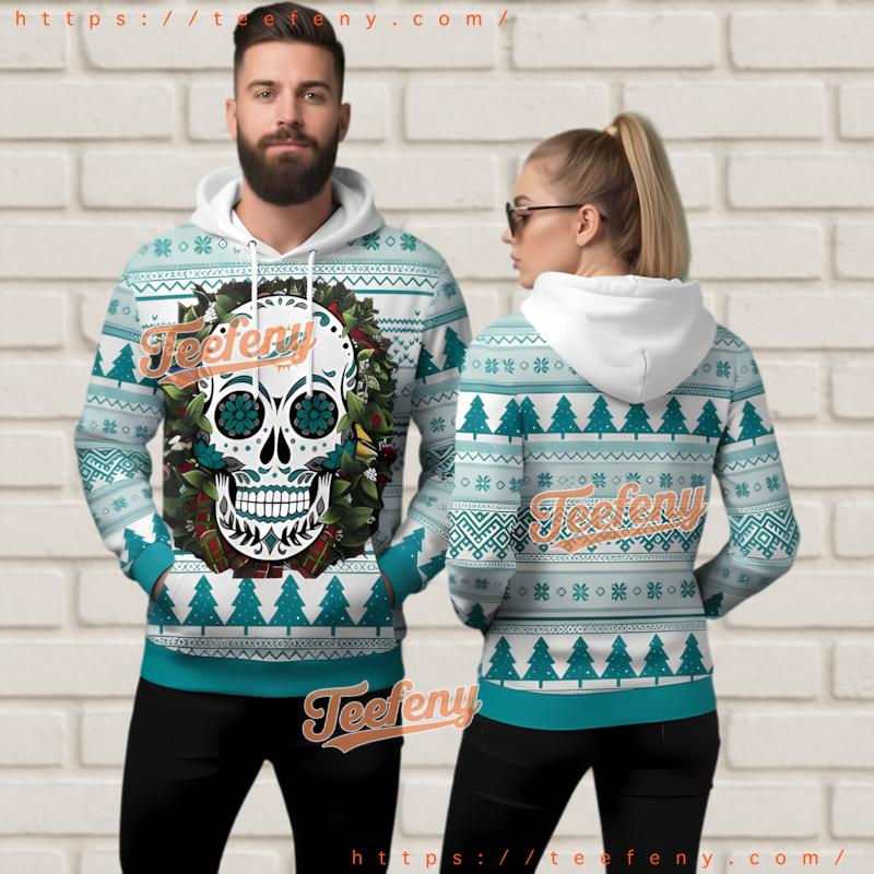 Miami Dolphins Sugar Skull Christmas Wreath Ugly 3D Hoodie Miami Dolphins Sugar Skull Christmas Wreath Ugly 3D Hoodie