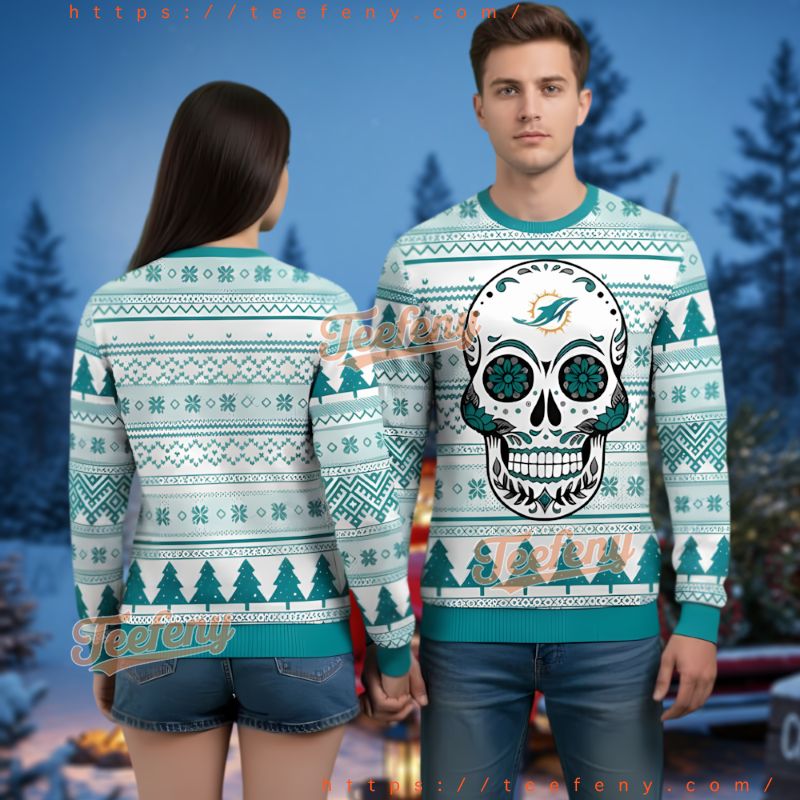 Miami Dolphins Sugar Skull Ugly Christmas Sweater Flower