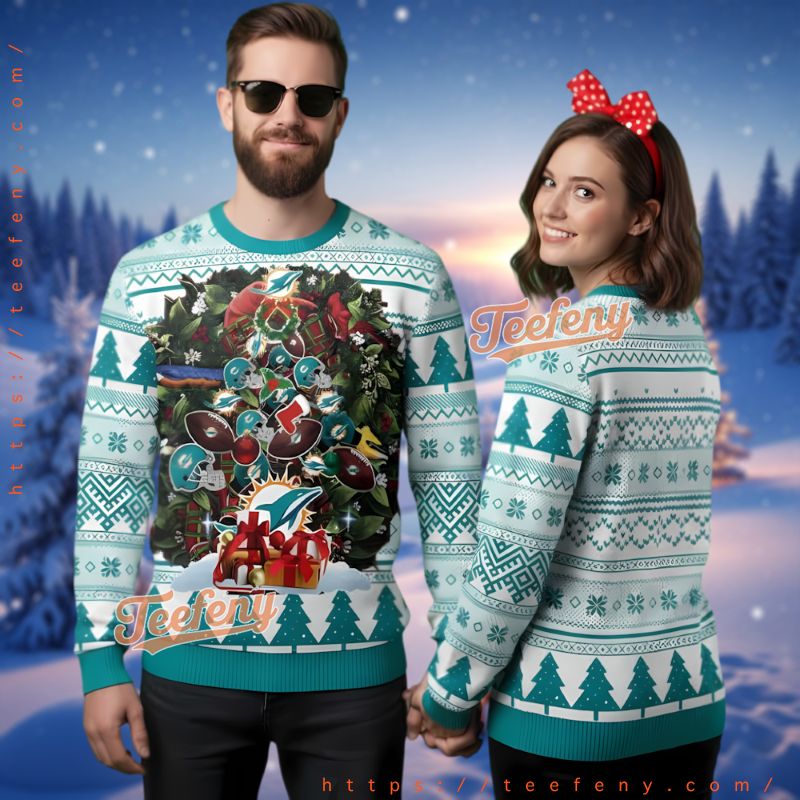 Miami Dolphins Wreath Helmets Ugly Christmas Sweater