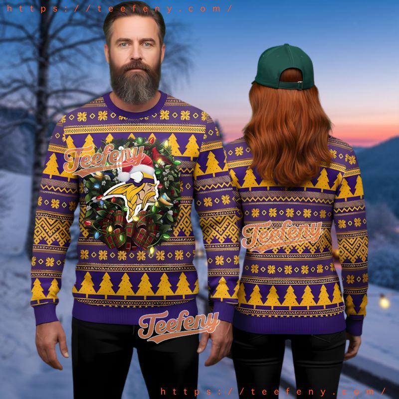 Minnesota Vikings Christmas Wreath Holiday Ugly Sweater Purple Gold