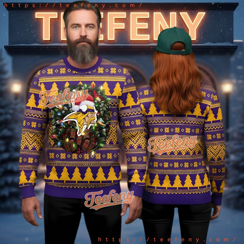 Minnesota Vikings Christmas Wreath Holiday Ugly Sweater Purple Gold Minnesota Vikings Christmas Wreath Holiday Ugly Sweater Purple Gold
