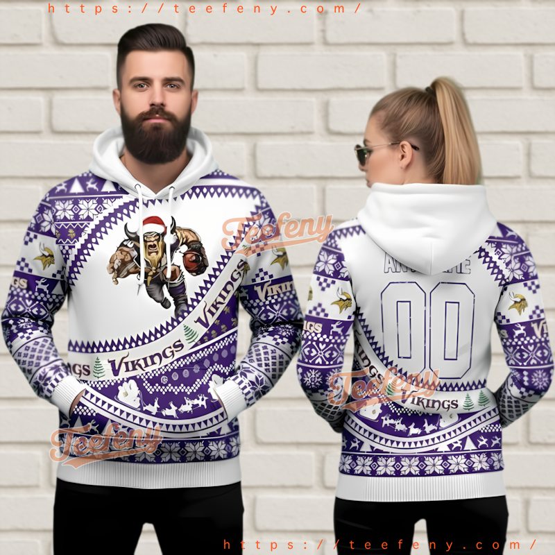Minnesota Vikings Custom Name Number 3D Ugly Christmas Hoodie