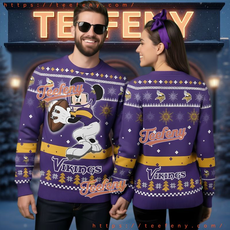 Minnesota Vikings Disney Mickey Playing Football Ugly Christmas Sweater Minnesota Vikings Disney Mickey Playing Football Ugly Christmas Sweater