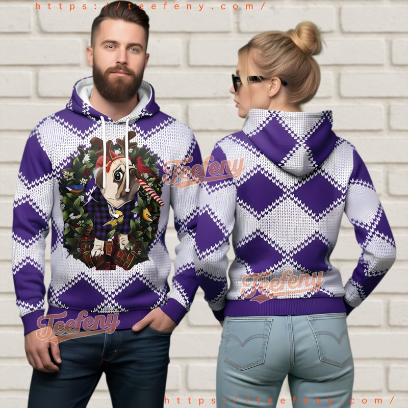 Minnesota Vikings Dog Christmas Wreath Ugly Hoodie 3D