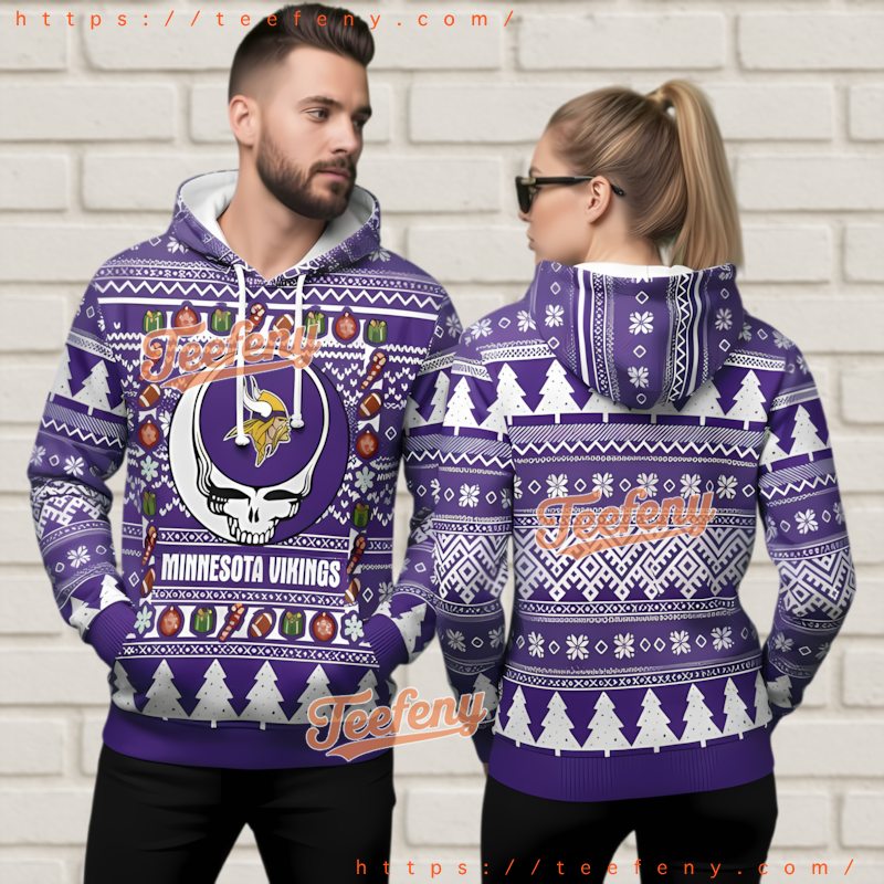 Minnesota Vikings Grateful Dead Themed 3D Ugly Christmas Hoodie