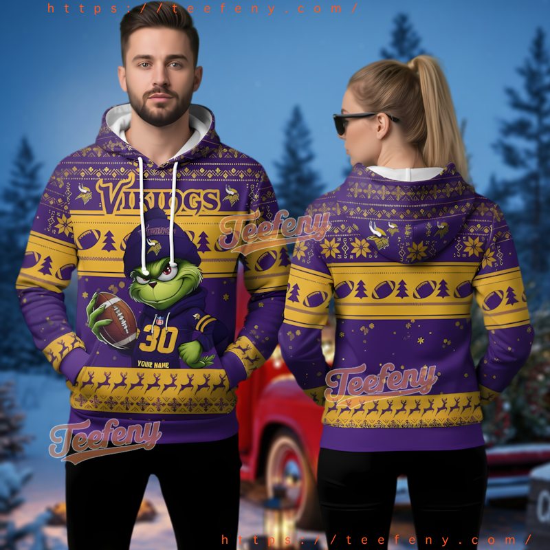 Minnesota Vikings Grinch 3D Ugly Christmas Hoodie Personalized Name