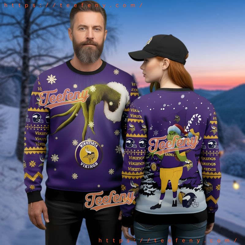 Minnesota Vikings Grinch Hand Ornament Ugly Christmas Sweater Purple