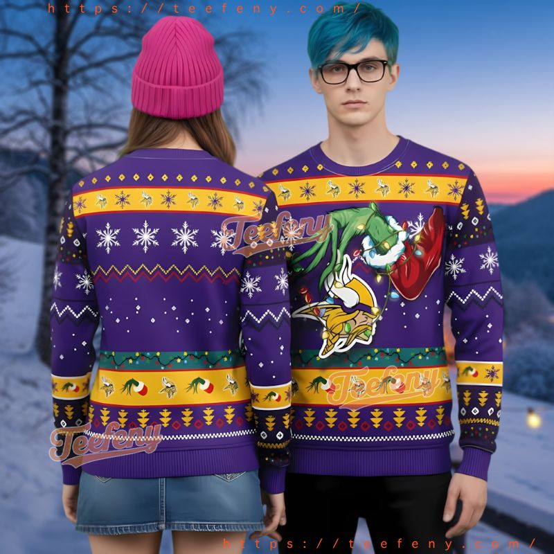 Minnesota Vikings Grinch Hand Ugly Christmas Sweater Purple