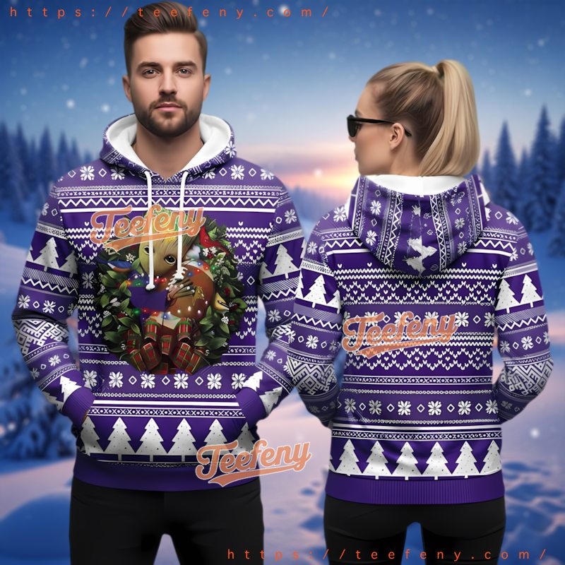 Minnesota Vikings Groot Hugging Wreath 3D Ugly Christmas Hoodie