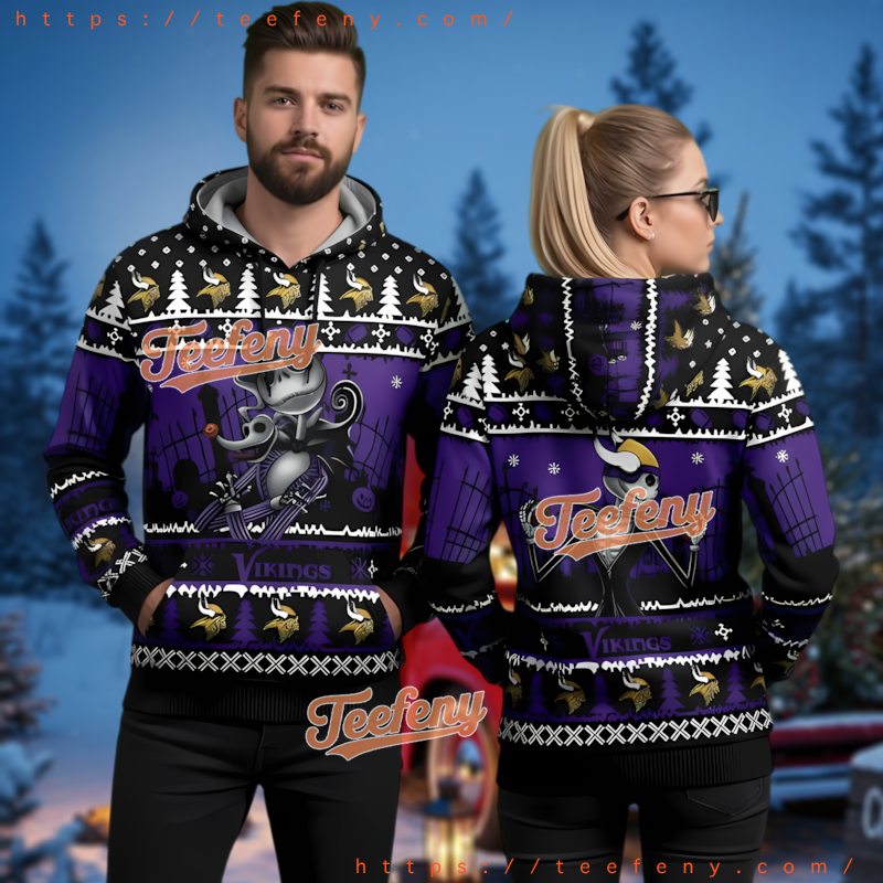 Minnesota Vikings Jack Skellington 3D Ugly Christmas Hoodie Disney