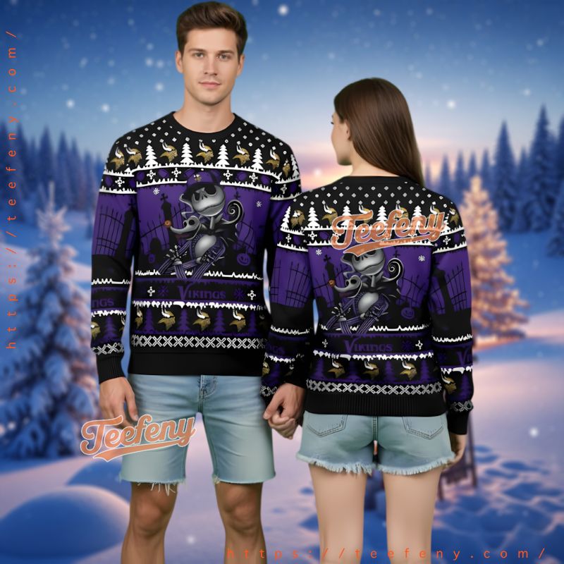 Minnesota Vikings Jack Skellington Ugly Christmas Sweater Purple